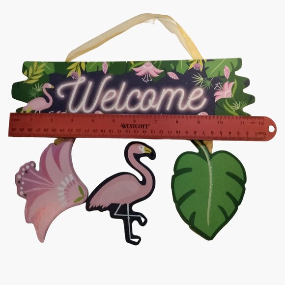 Welcome Sign Flamingo Flower Leaf Colorful Tropical Coastal Tiki Decor - Picture 5 of 6